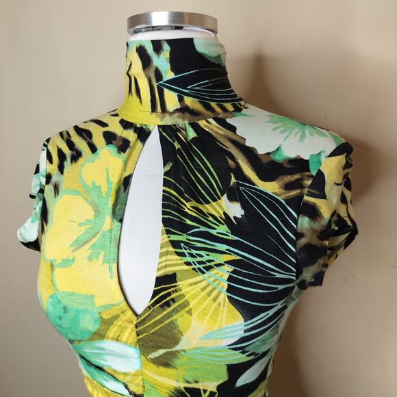 Cache Floral Bodycon Dress Keyhole High Neck Short Sleeve Stretch - Picture 5 of 14